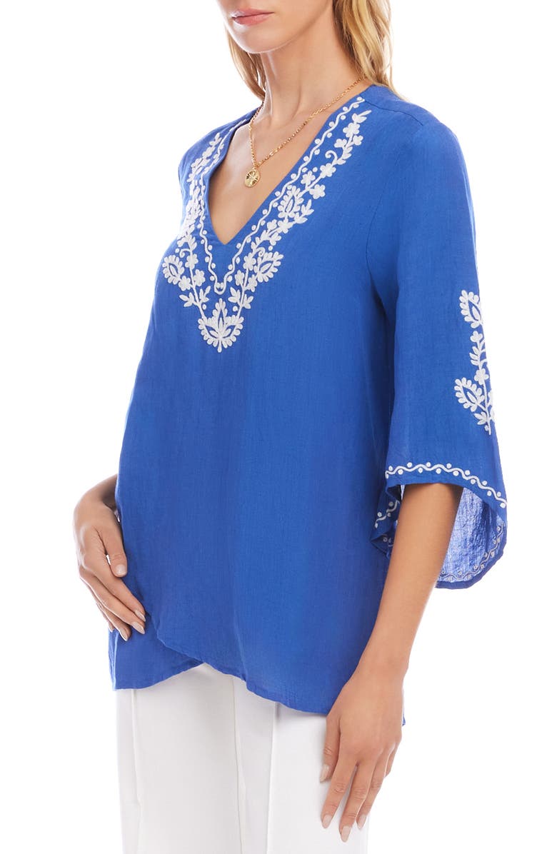 Karen Kane Embroidered Asymmetric Hem Linen Blend Top, Alternate, color, Blue