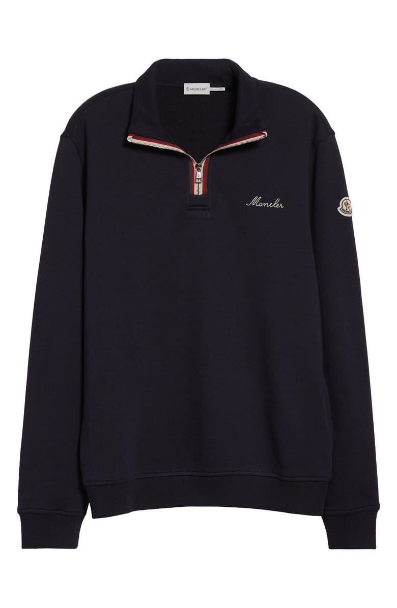 Moncler Embroidered Logo Patch Fleece Quarter Zip Sweatshirt, Main, color, Navy Blue