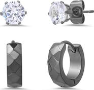 STEELTIME Men's Stainless Steel CZ Stud & Huggie Hoop Earrings