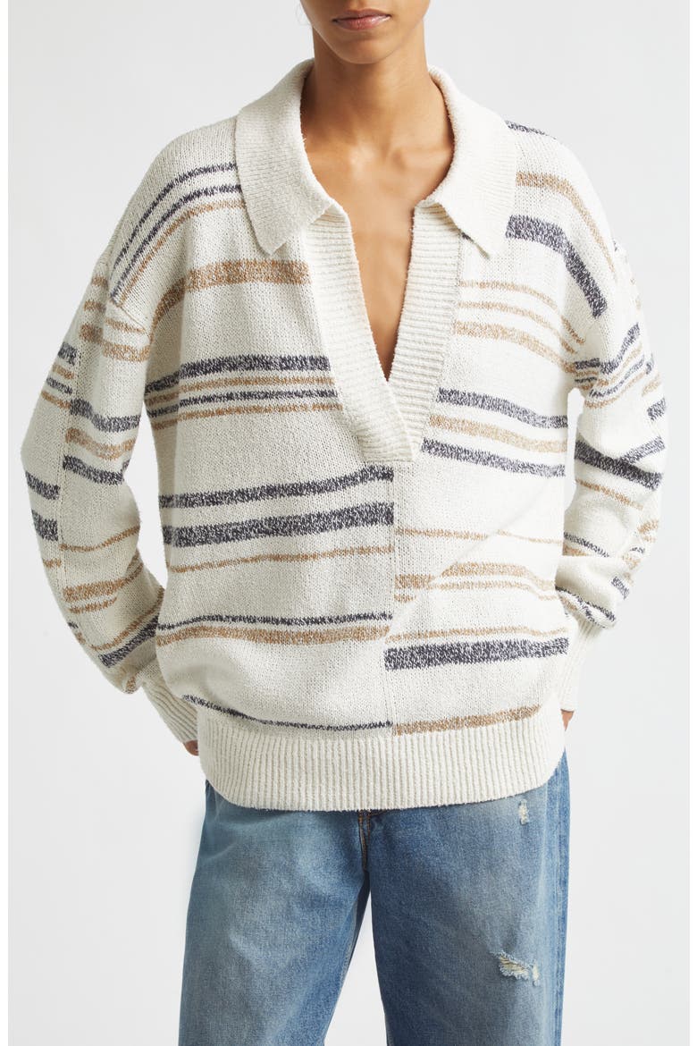 V Neck Long Sleeve Polo Sweater, Main, color, IVORY MULTI
