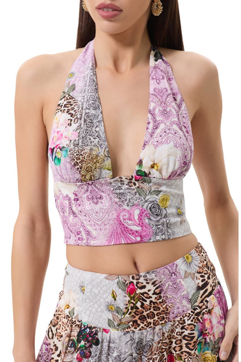 Sylas Mix Print Plunge Halter Neck Crop Top, Alternate, color, NATURAL PATCHWORK