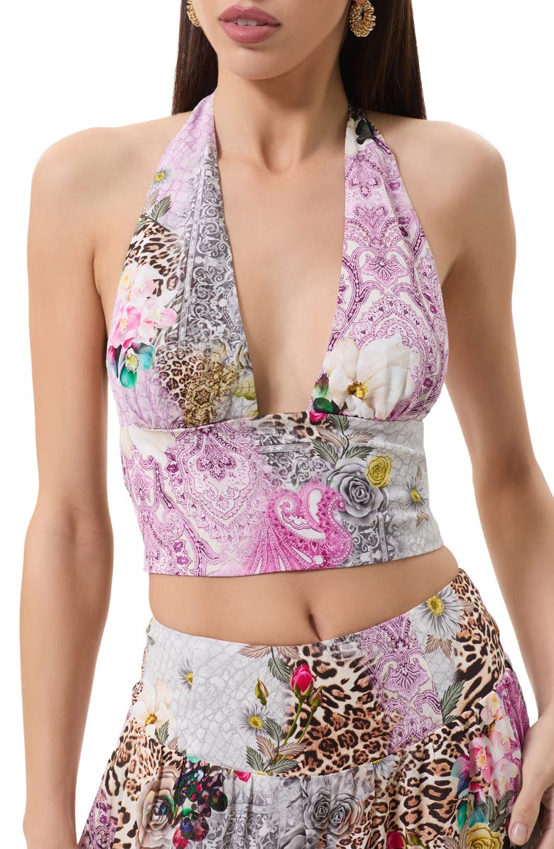AFRM Sylas Mix Print Plunge Halter Neck Crop Top, Alternate, color, Natural Patchwork