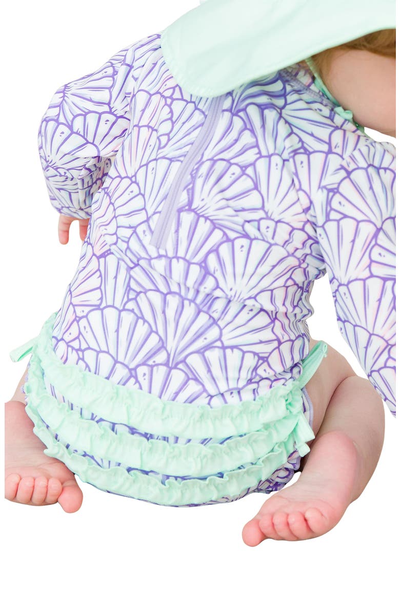 Magical Mermaid Long Sleeve One-Piece Rashguard Swimsuit & Hat Set, Alternate, color, PURPLE