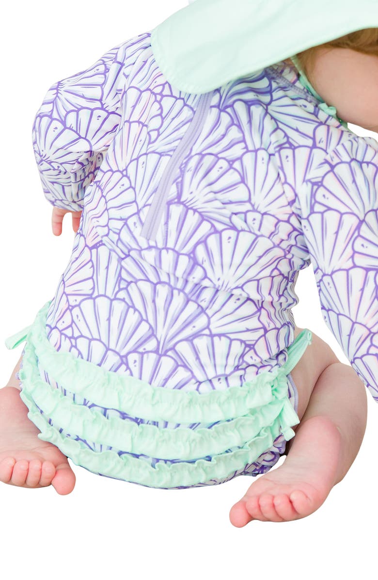 RuffleButts Magical Mermaid Long Sleeve One-Piece Rashguard Swimsuit & Hat Set, Alternate, color, Purple