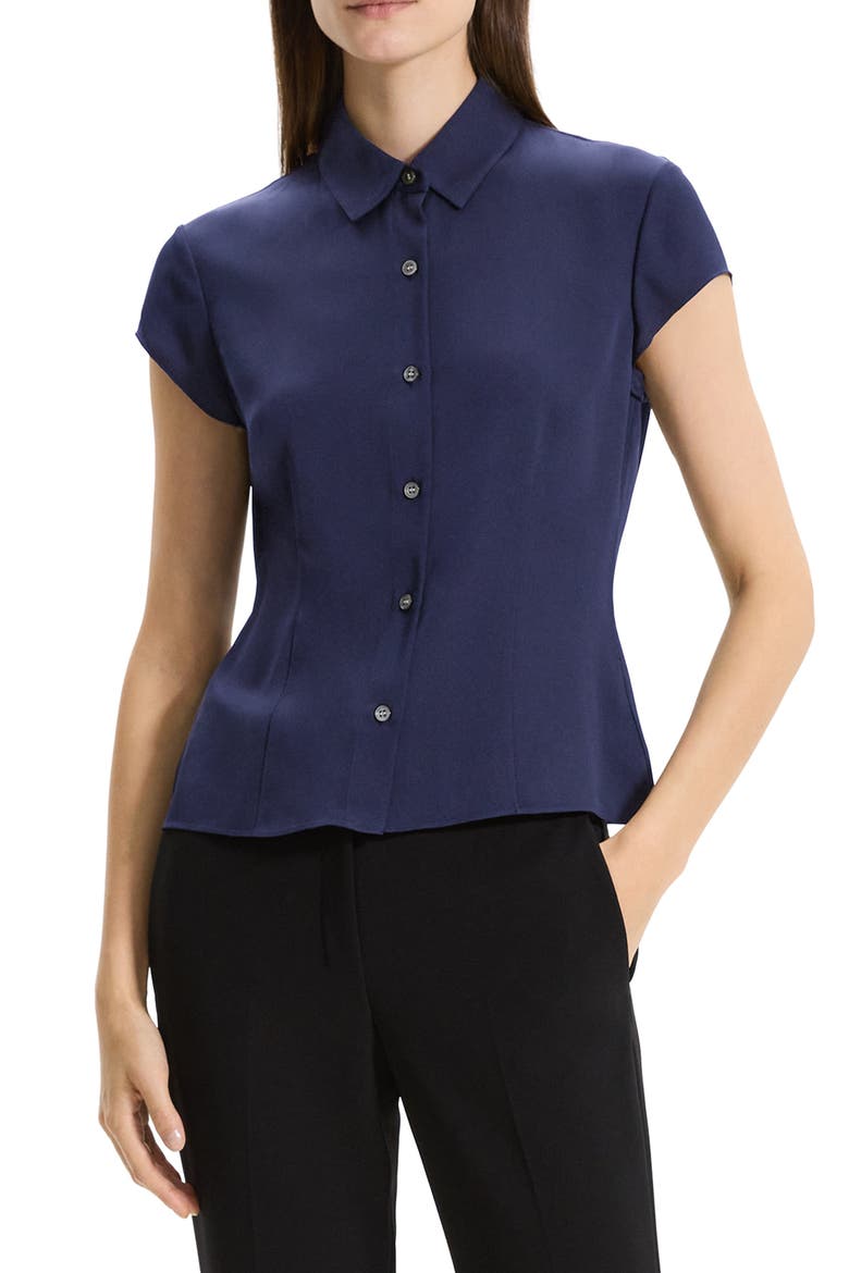 Cap Sleeve Silk Shirt, Main, color, MIDNIGHT NAVY
