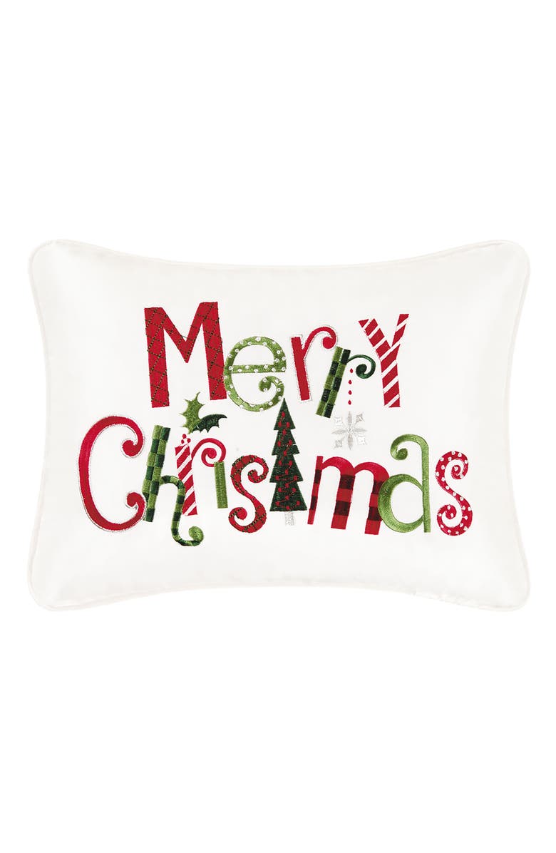 C&F Home "Merry Christmas" Festive Lettering Embroidered Accent Pillow 12" x 16", Main, color, Red