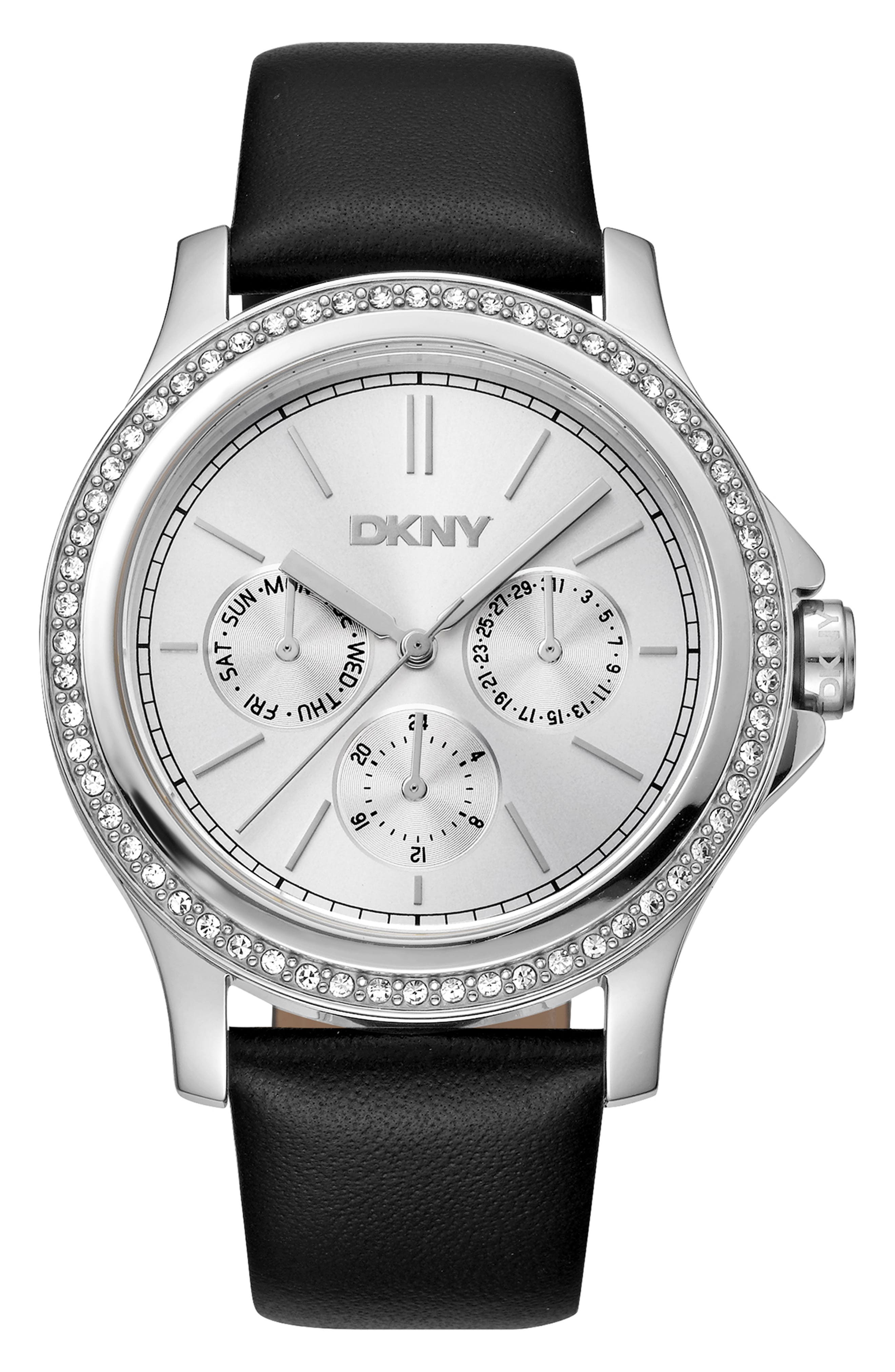 GEVRIL Crystal Bezel Leather Strap Watch, 38mm