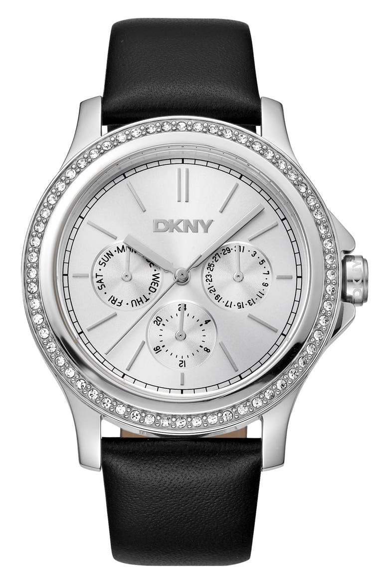 Crystal Bezel Leather Strap Watch, 38mm, Main, color, BLACK