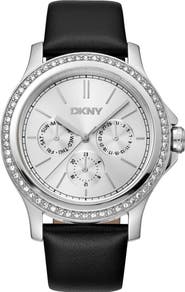 DKNY Crystal Bezel Leather Strap Watch, 38mm