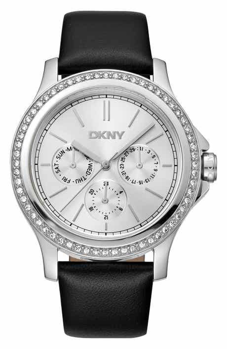 GEVRIL Crystal Bezel Leather Strap Watch, 38mm