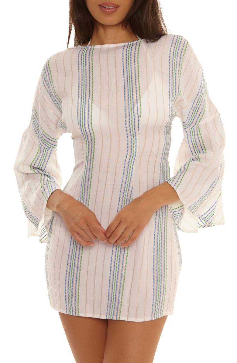 Becca Radiance V-Neck Long Sleeve Cover-Up Tunic, Alternate, color, Sky Blue/ White