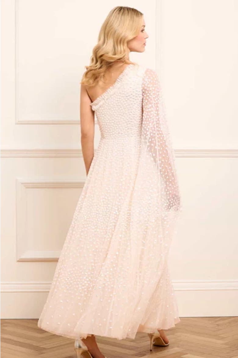 Scatter Dot One-Shoulder Ankle Gown, Alternate, color, Cream