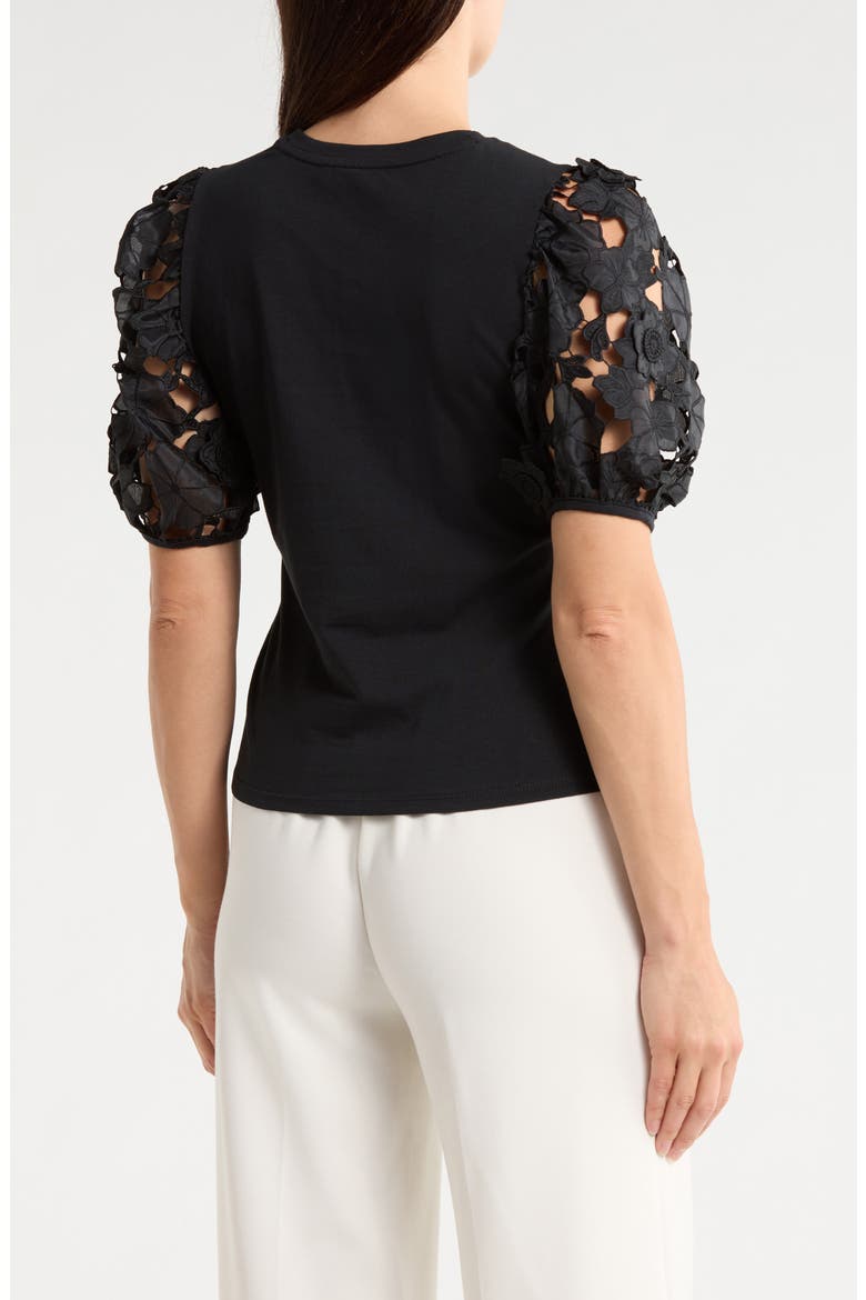 Mixed Media 3D Floral Sleeve Top, Alternate, color, BLACK