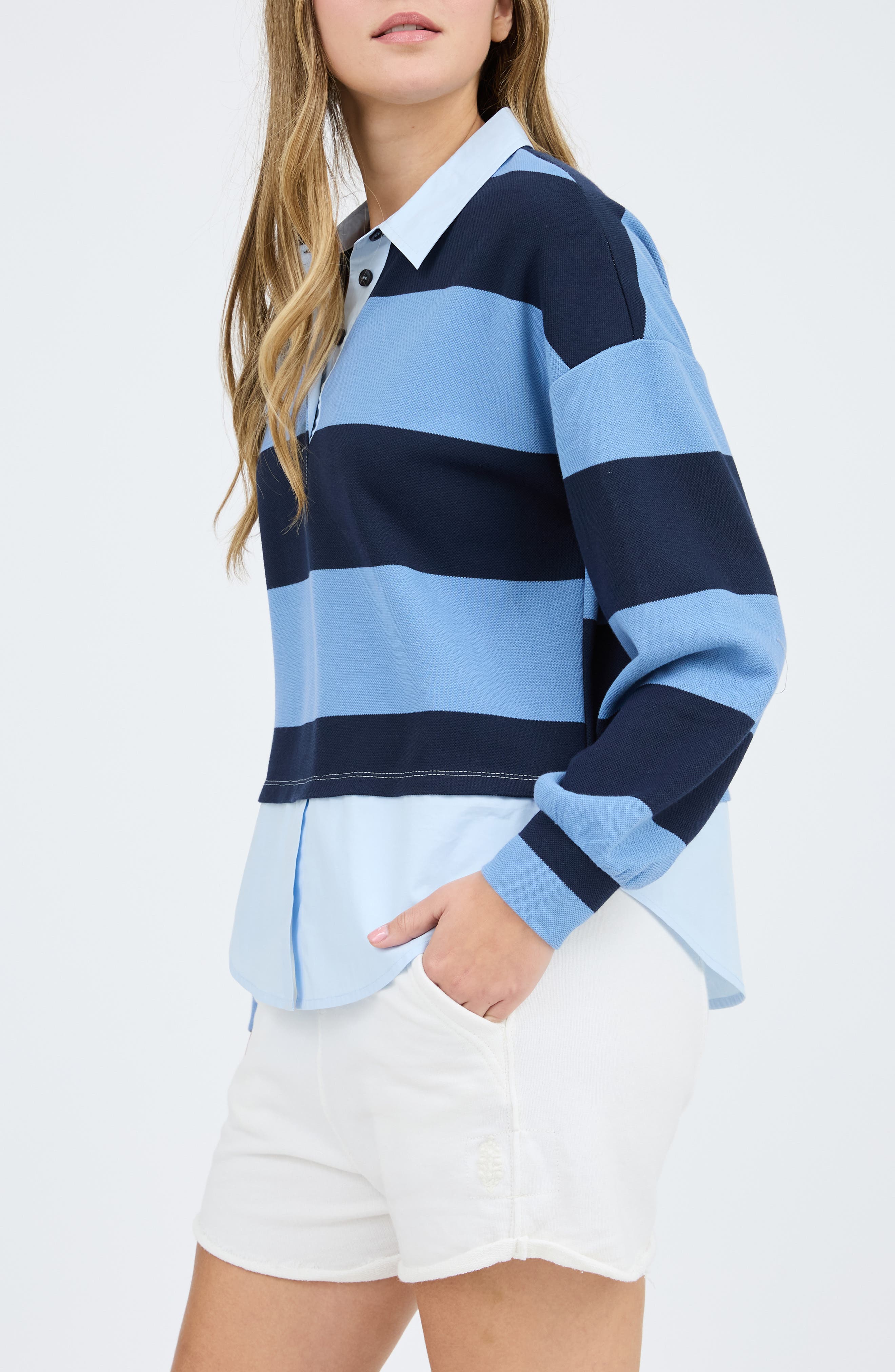 Blu Pepper Stripe Long Sleeve Layered Rugby Polo (Women) | Nordstromrack