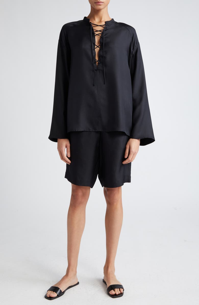 LOULOU DE SAISON Zamia Lace-Up Plunge Neck Silk Top, Alternate, color, 