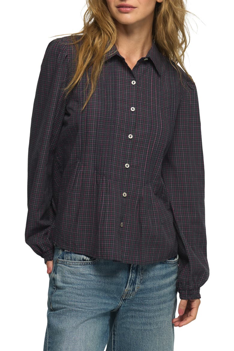 Pintucked Cotton Shirt, Main, color, BLUE GREEN PLAID