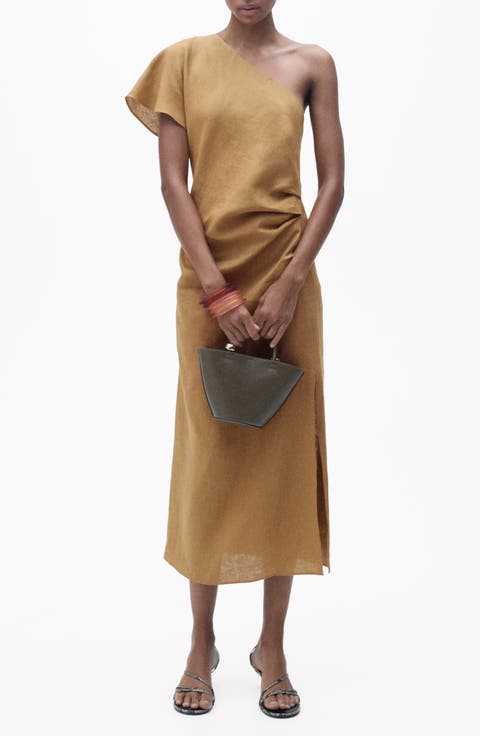 One-Shoulder Linen Midi Dress