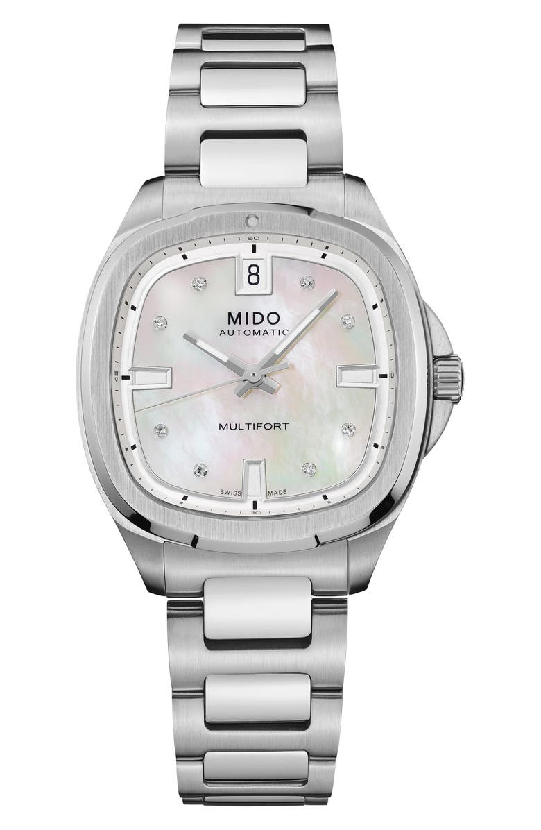 MIDO Multifort Diamond Square Automatic Bracelet Watch, 35mm, Main, color, White Mother Of Pearl