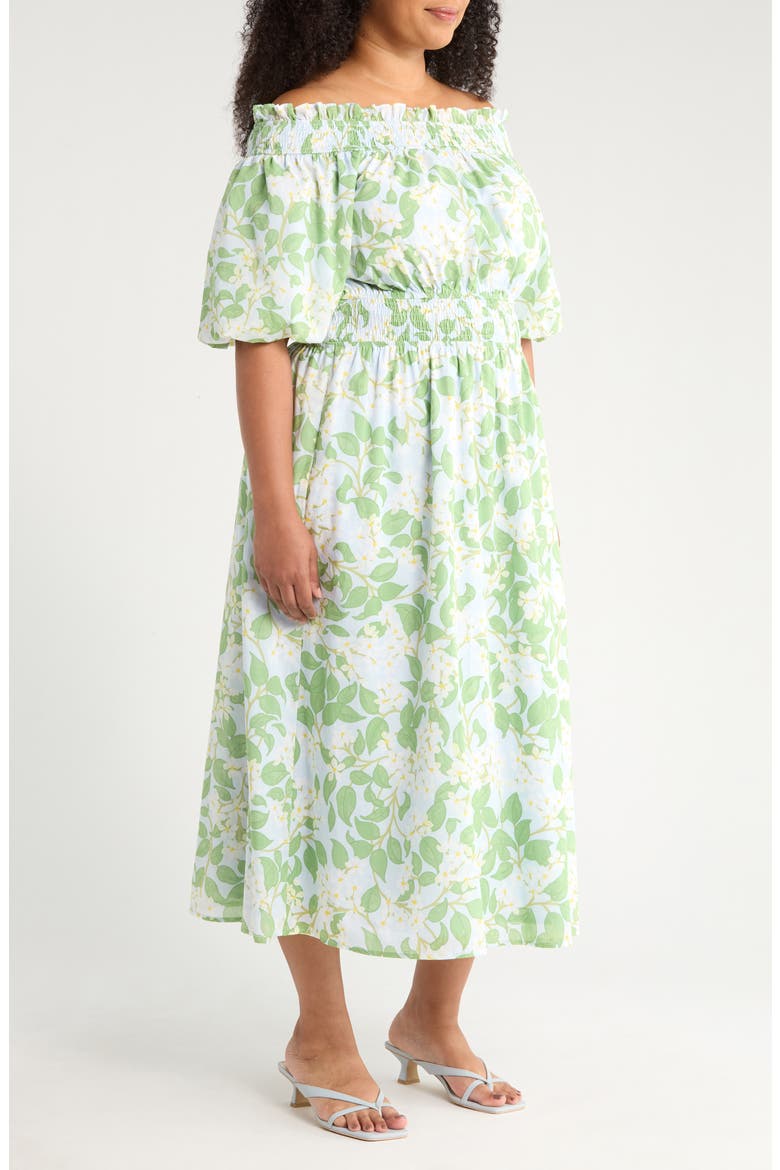 Kiany Floral Magna Town Off the Shoulder Cotton Midi Dress, Alternate, color, LIGHT BLUE/ GREEN
