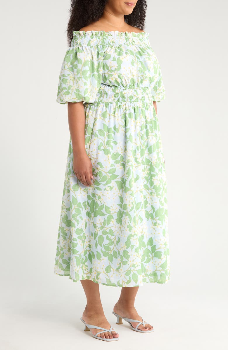 SUGARLIPS Kiany Floral Magna Town Off the Shoulder Cotton Midi Dress, Alternate, color, Light Blue/ Green