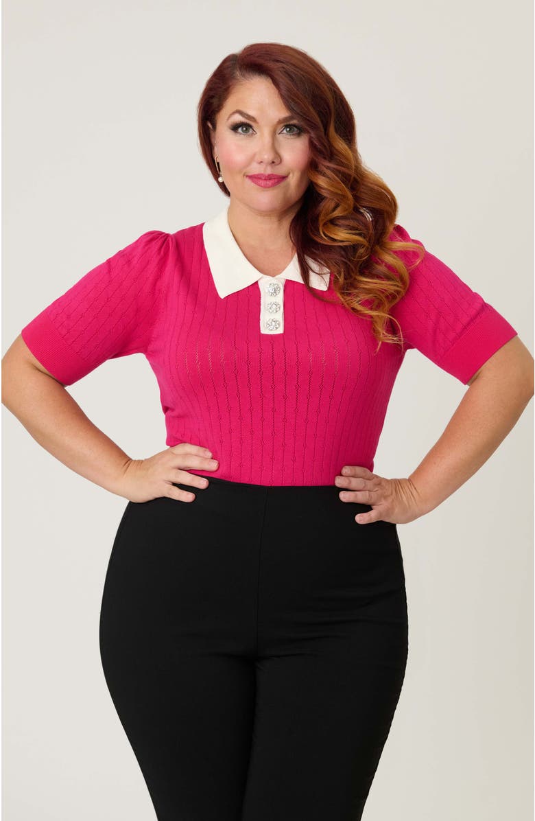 Unique Vintage Plus Size Collared Short Sleeve Prim & Pretty Sweater, Alternate, color, Hot Pink