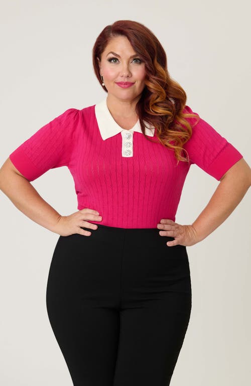 Unique Vintage Plus Size Collared Short Sleeve Prim & Pretty Sweater In Pink