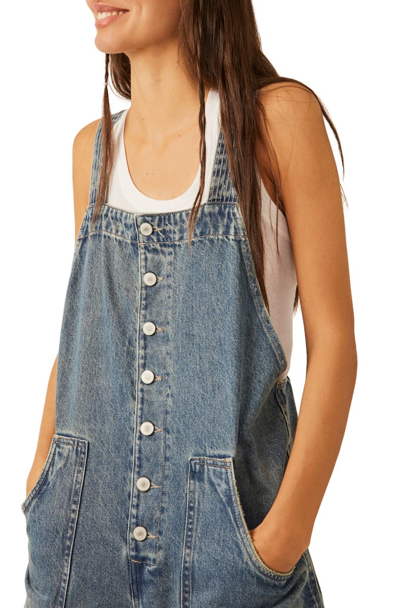 Free People Fields of Flowers Wide Leg Denim Overalls, Alternate, color,