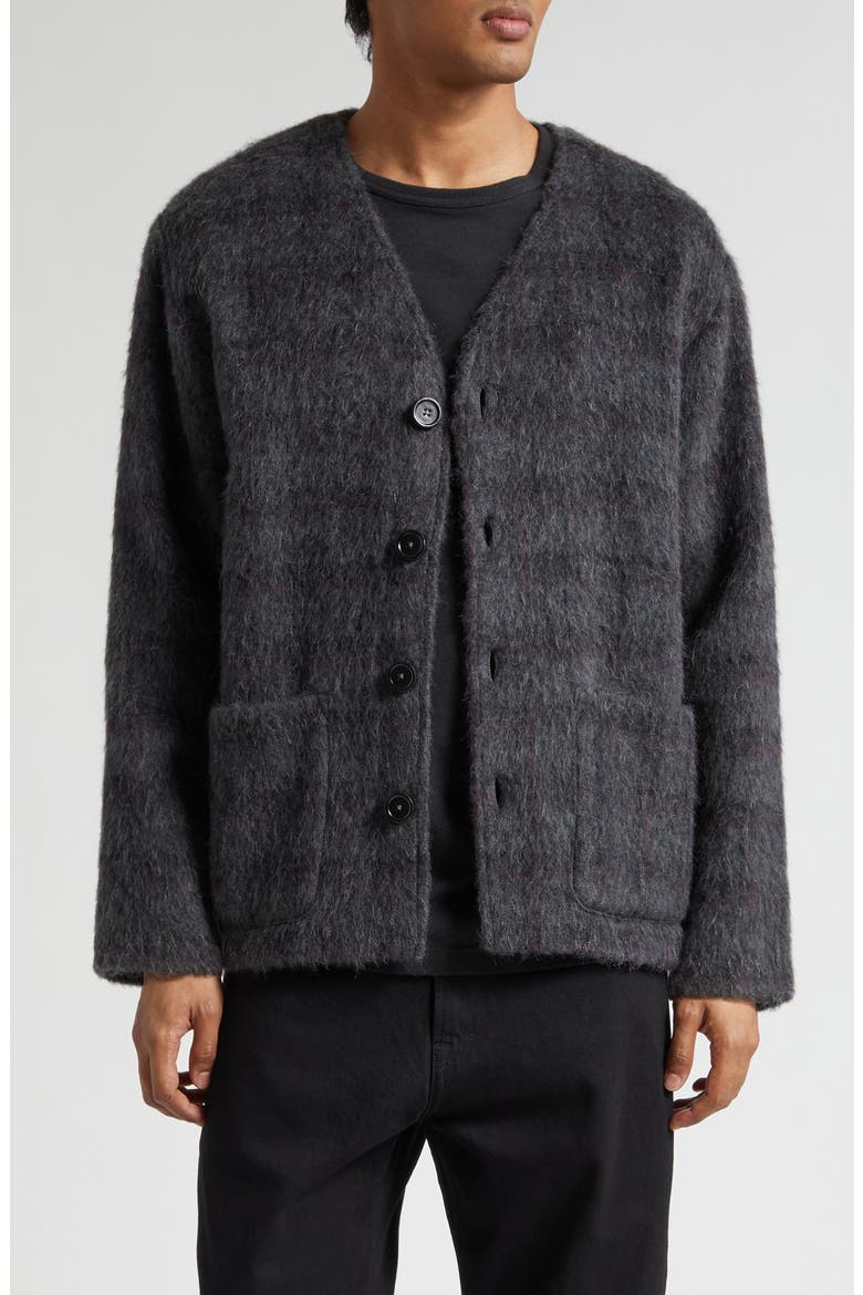 Fuzzy Check Wool & Alpaca Blend Cardigan, Main, color, FUZZED PLUM CHECK HAIRY WOOL