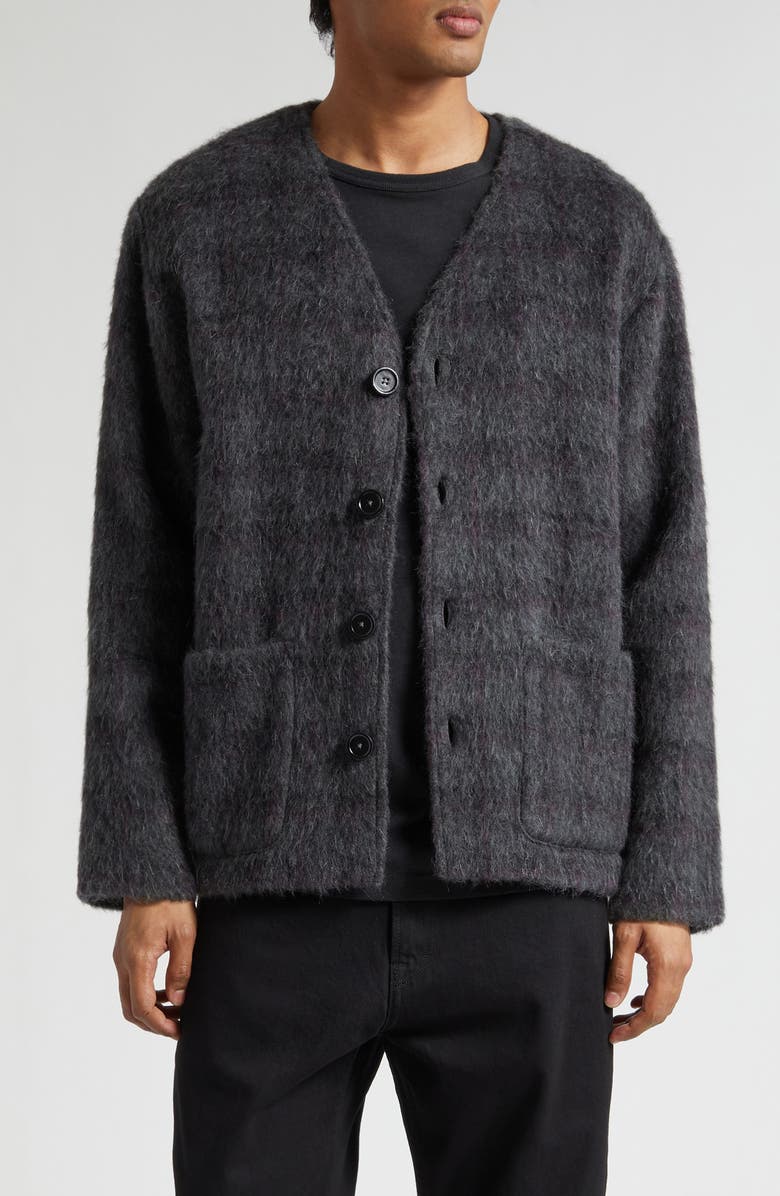 OUR LEGACY Fuzzy Check Wool & Alpaca Blend Cardigan, Main, color, Fuzzed Plum Check Hairy Wool