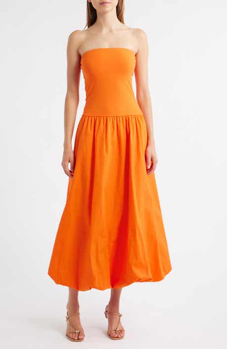 MANGO Luigi Mixed Media Strapless Bubble Hem Dress