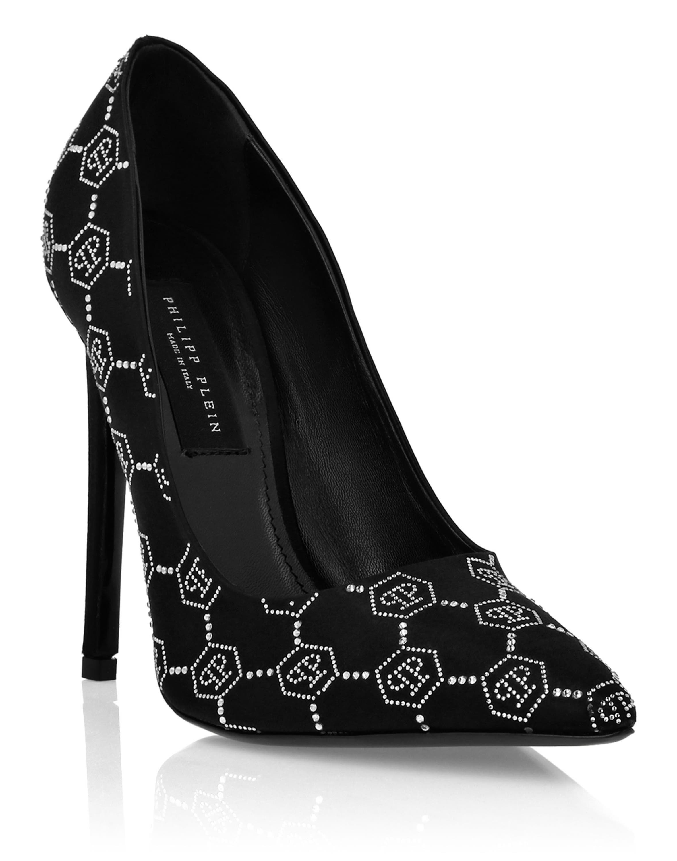 PHILIPP PLEIN Satin Decollete Hi-Heels Strass Monogram Women, Main, color, Black/Crystal