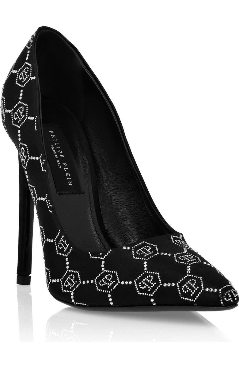 PHILIPP PLEIN Satin Decollete Hi-Heels Strass Monogram Women, Main, color, Black/Crystal