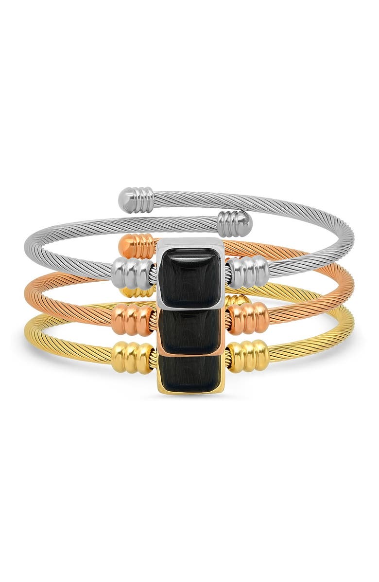 HMY JEWELRY Tri-Tone Stainless Steel Simulated Onyx Beaded Cable Bangle Bracelet Set, Alternate, color, Tri Tone