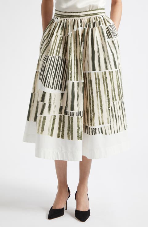Stripe Collage Stretch Cotton Midi Skirt
