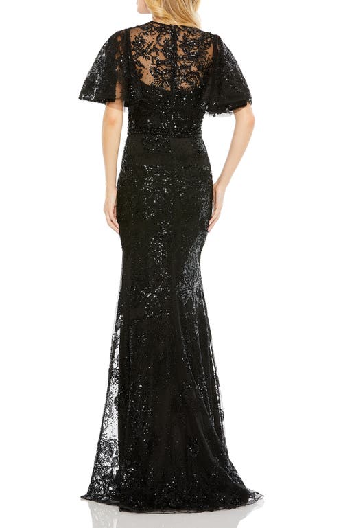 Mac Duggal Embellished Flutter Sleeve High Neck Gown In Black