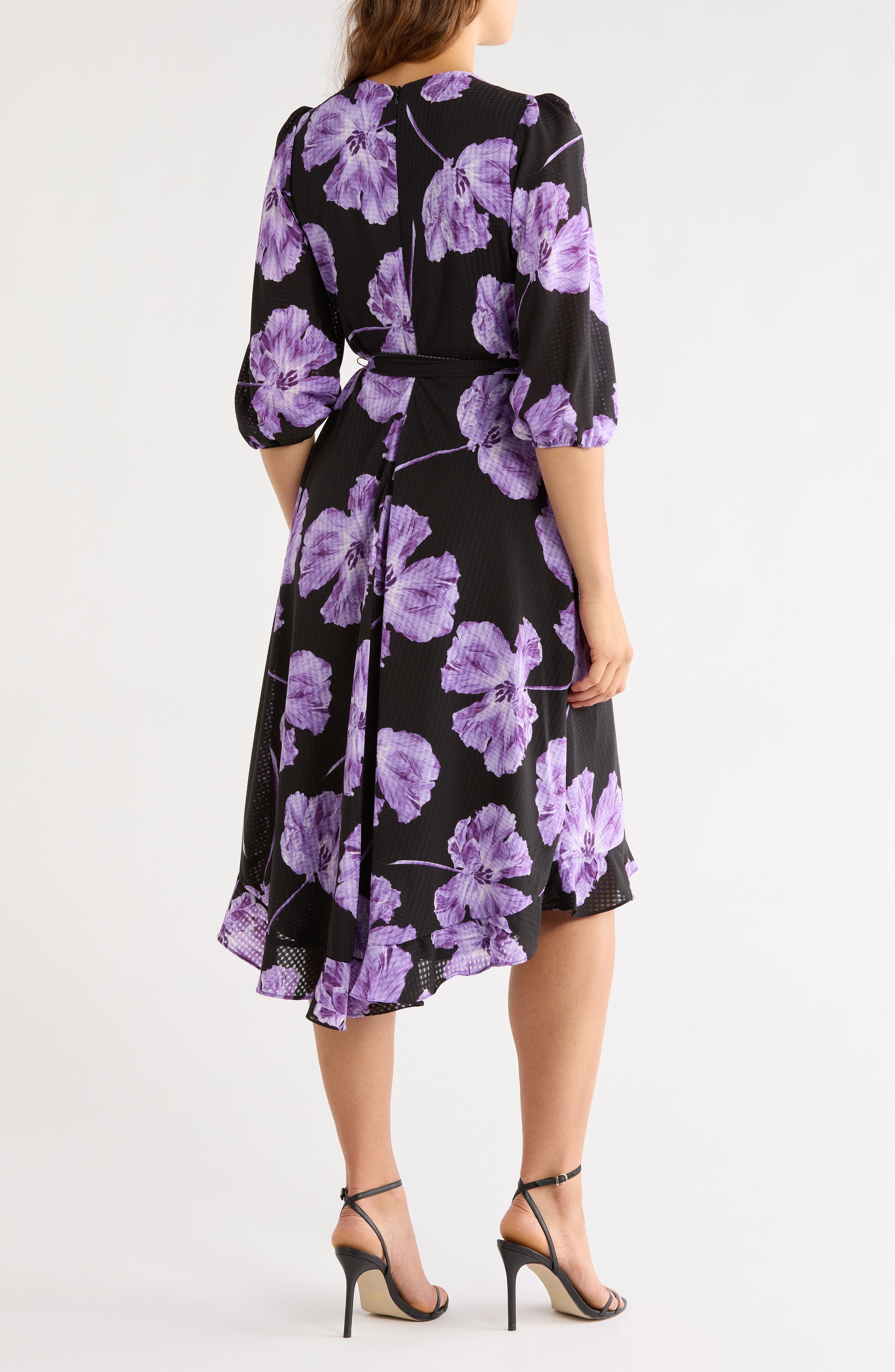 Floral Chiffon Check High-Low Faux Wrap Dress