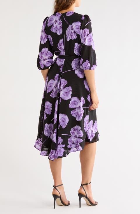 Floral Chiffon Check High-Low Faux Wrap Dress