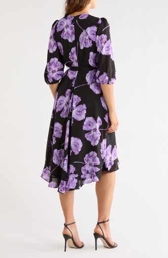 Floral Chiffon Check High-Low Faux Wrap Dress