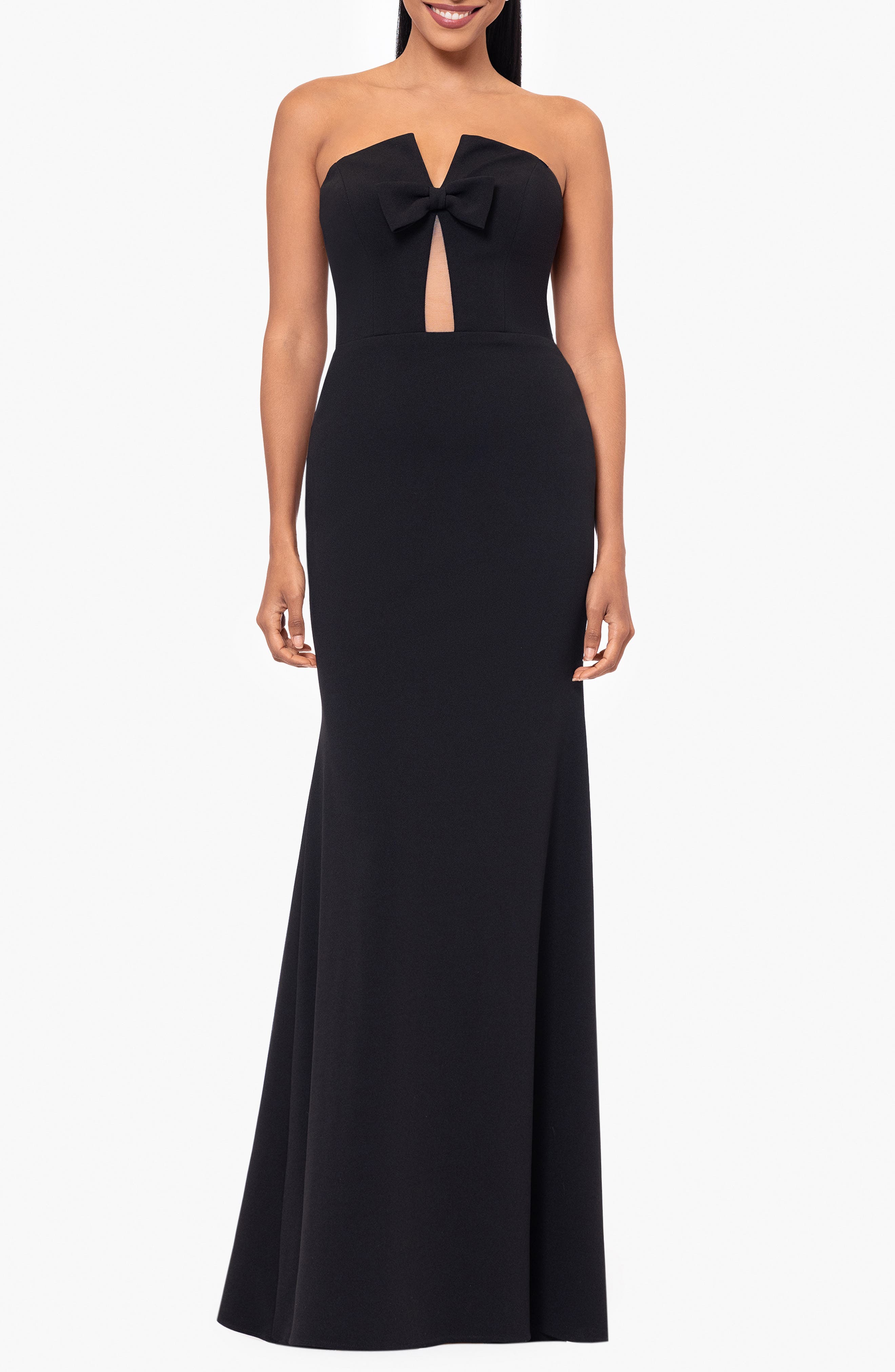 Betsy & Adam Bow Strapless Scuba Sheath Gown in Black 