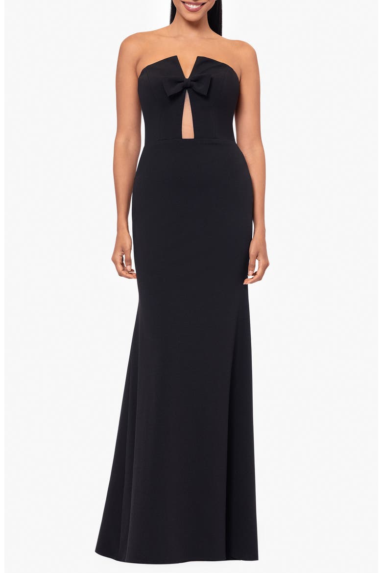Bow Strapless Scuba Crepe Mermaid Gown, Main, color, BLACK