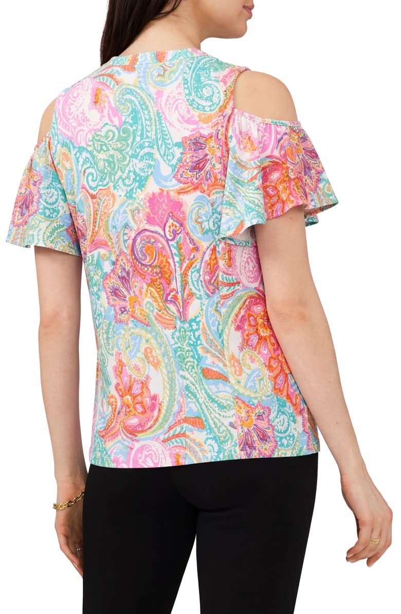 Chaus Print Cold Shoulder Top, Alternate, color, Aqua/ Pink/ Multi