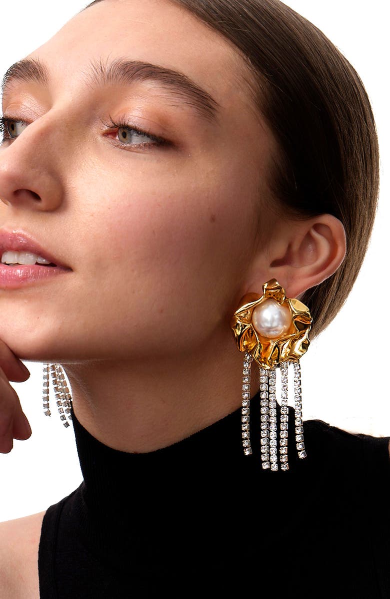 Sterling King Titania Imitation Pearl & Crystal Fringe Earrings, Alternate, color, Gold