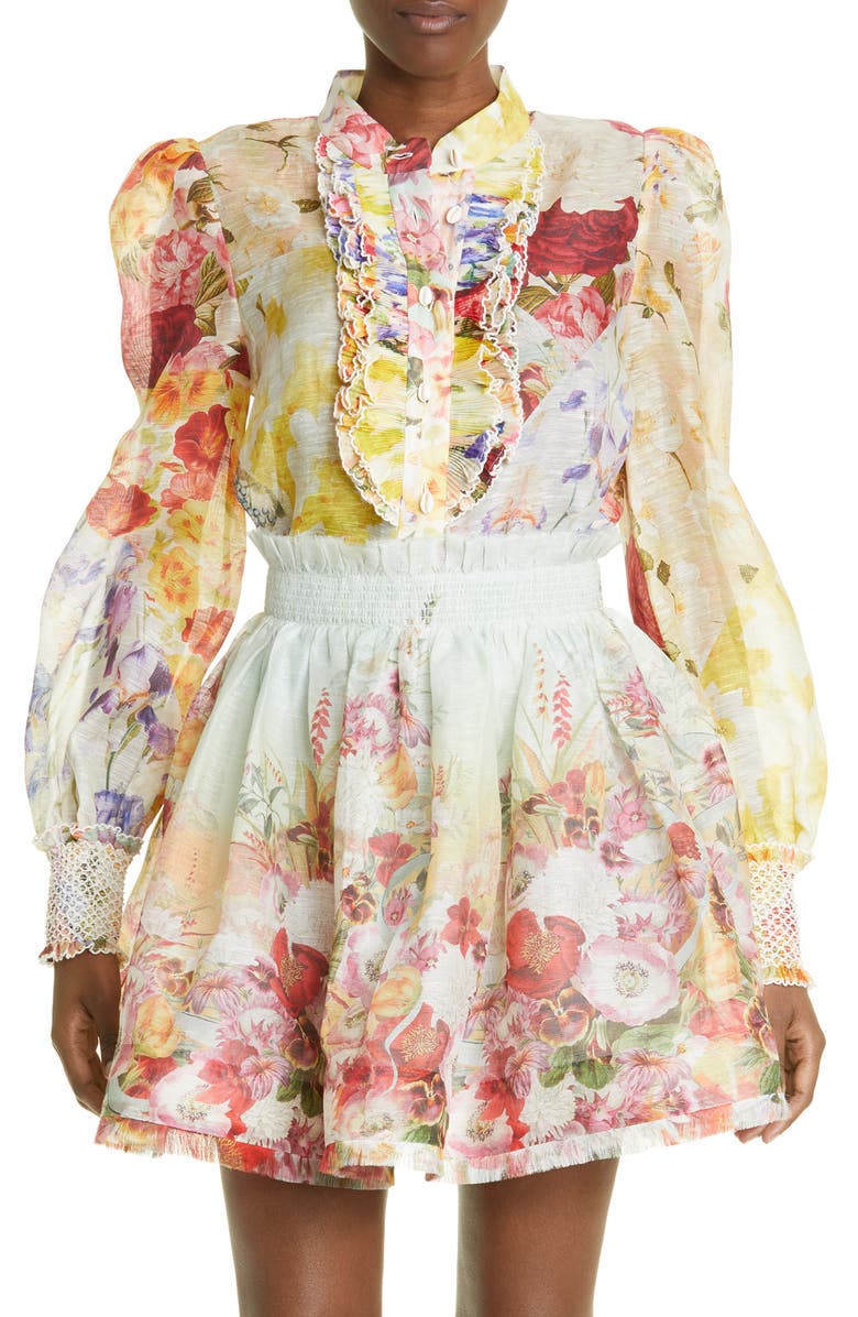 Zimmermann Wonderland Floral Linen & Silk Tuxedo Blouse, Main, color,
