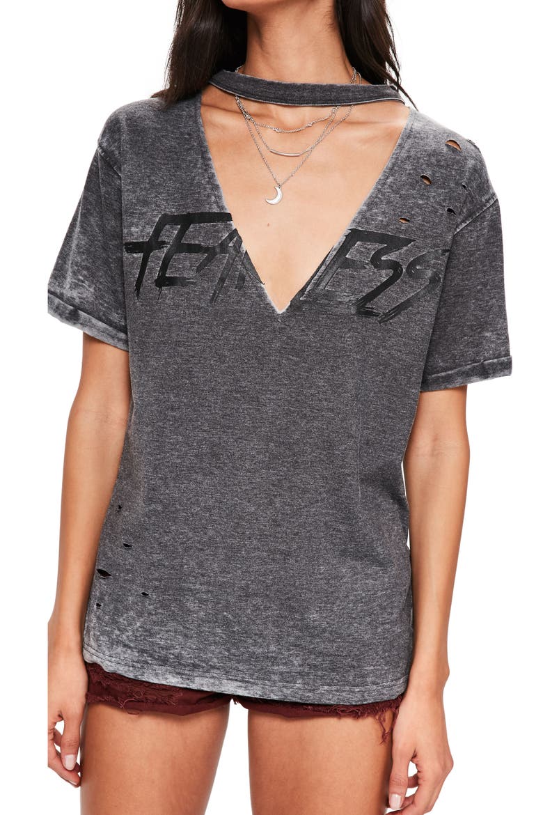 Distressed Choker Neck Graphic Tee, Alternate, color, GREY