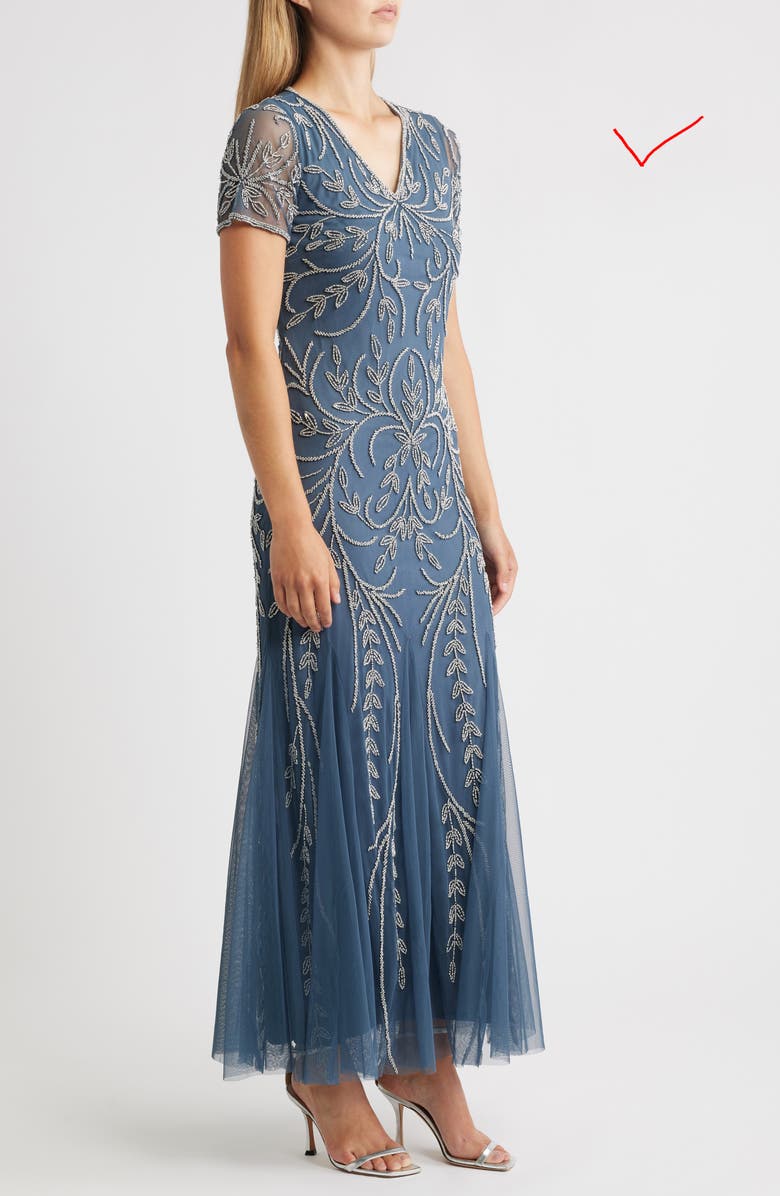 Pisarro Nights Beaded Mesh Gown, Alternate, color, Grey