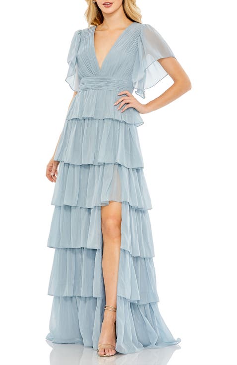 Women's Flutter Sleeve Tiered Ruffle Chiffon Gown