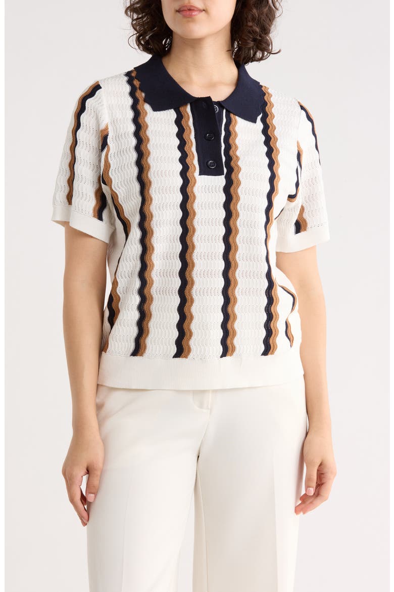 Stripe Pointelle Polo Sweater, Main, color, IVORY/ CAMEL/ NAVY