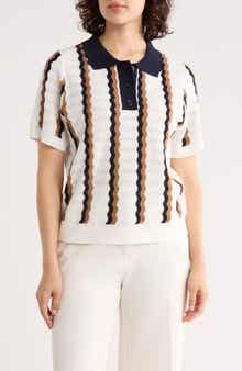 Adrianna Papell Stripe Pointelle Polo Sweater