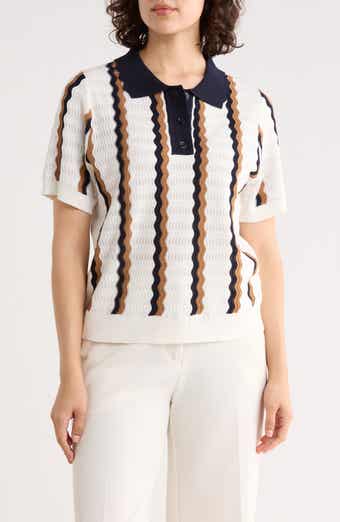 Adrianna Papell Stripe Pointelle Polo Sweater