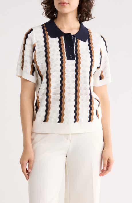 Adrianna Papell Stripe Pointelle Polo Sweater